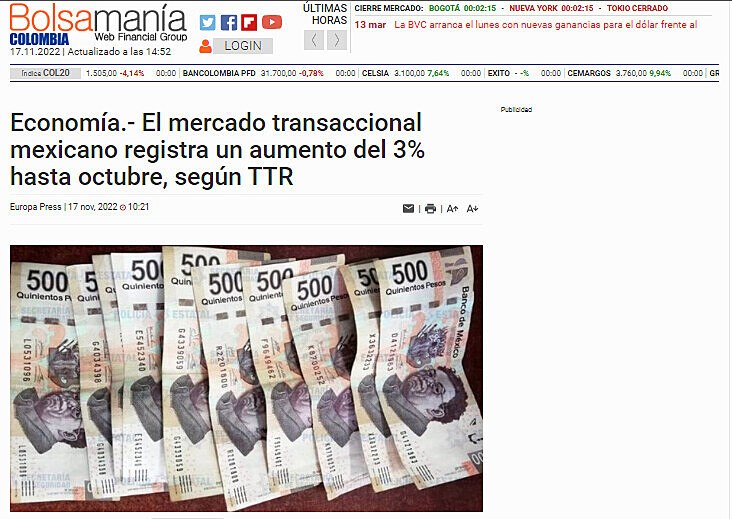 Economa.- El mercado transaccional mexicano registra un aumento del 3% hasta octubre, segn TTR